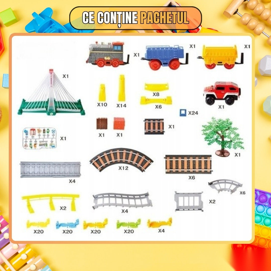 Circuit 2 în 1 XXL 140 piese, 86x74 cm, cu tren electric, mașinuță și pod luminos, multicolor