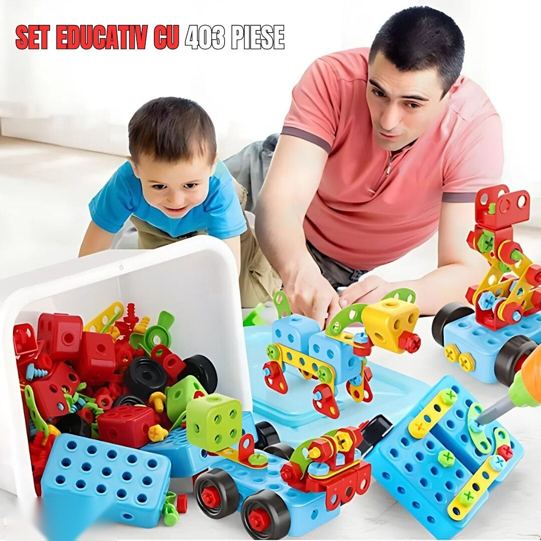 Set educațional de construcție 3D STEM 404 piese, cu șurubelniță electrică, multicolor, 6+ ani