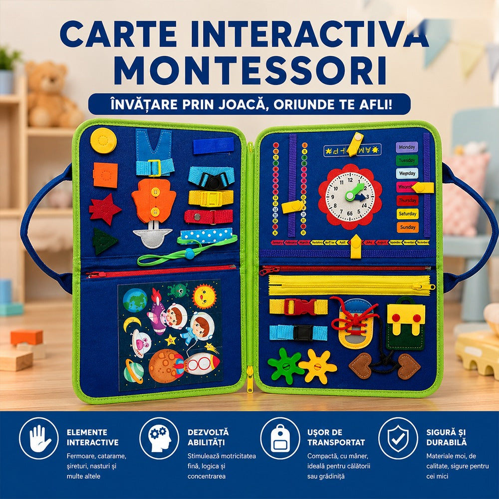 Carte educativa Montessori cu activitati interactive senzoriale, albastru