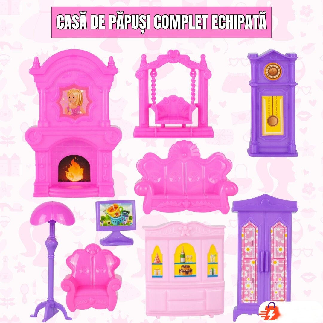 Casă de păpuși Lovely House, 2 etaje, 5 camere, garaj cu mașină, 2 figurine, set 112 piese