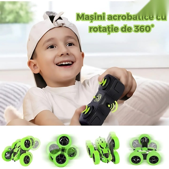 Mașinuță de cascadorii cu telecomandă 2.4GHz, rotație 360°, LED, baterie reîncărcabilă inclusă