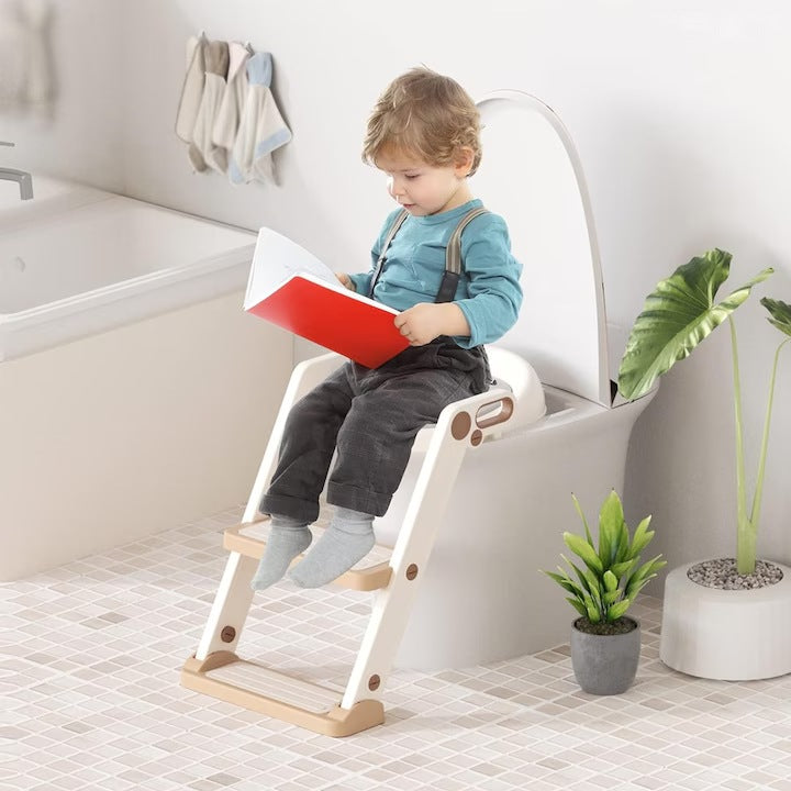 Reductor WC cu scări, mânere, antiderapant, 2 trepte, alb-roz auriu