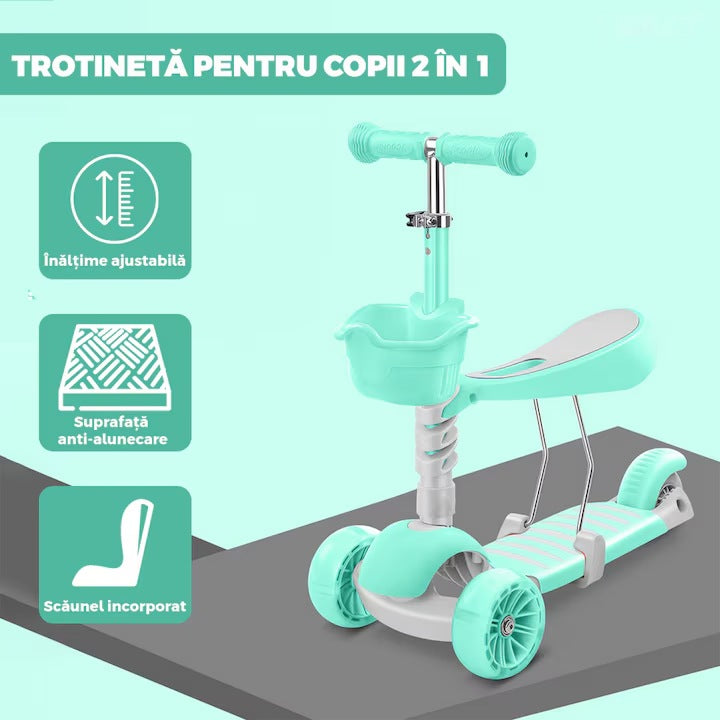 Trotineta 2 în 1 cu scaun, 3 roți, coș, frână, 3-11 ani, turcoaz
