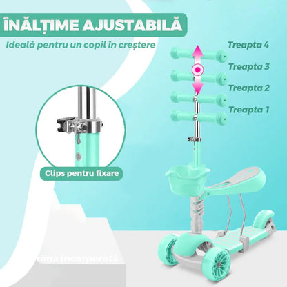 Trotineta 2 în 1 cu scaun, 3 roți, coș, frână, 3-11 ani, turcoaz
