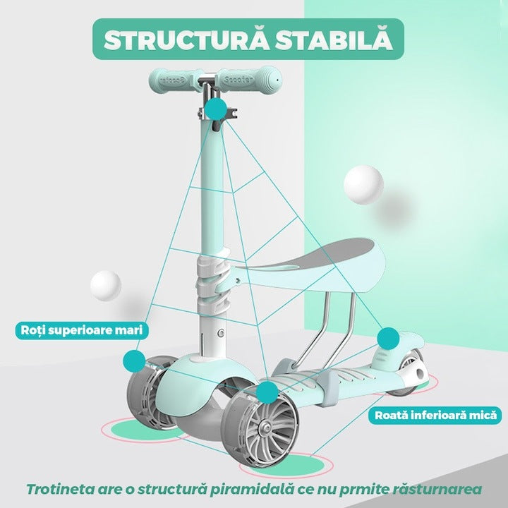 Trotineta 2 în 1 cu scaun, 3 roți, coș, frână, 3-11 ani, turcoaz