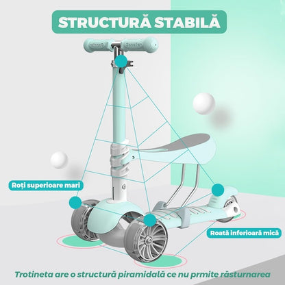 Trotineta 2 în 1 cu scaun, 3 roți, coș, frână, 3-11 ani, turcoaz
