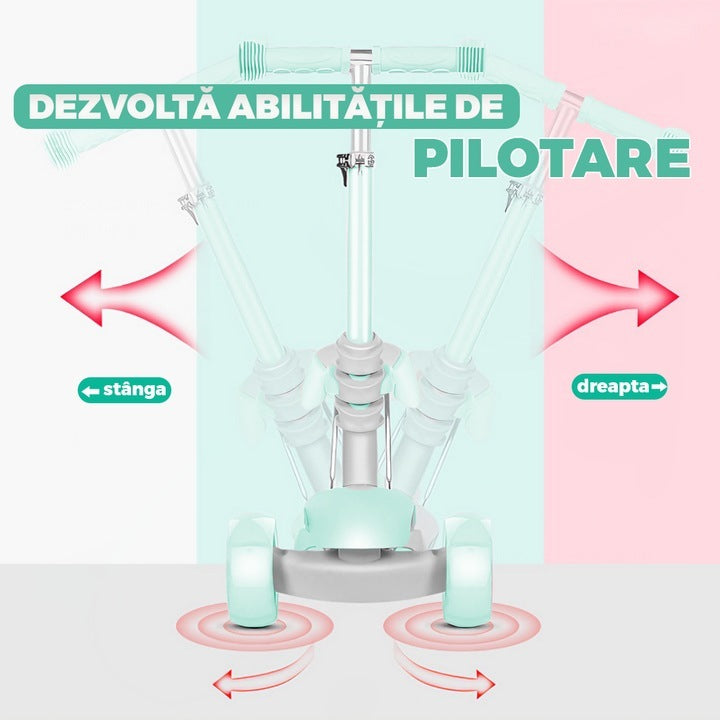 Trotineta 2 în 1 cu scaun, 3 roți, coș, frână, 3-11 ani, turcoaz