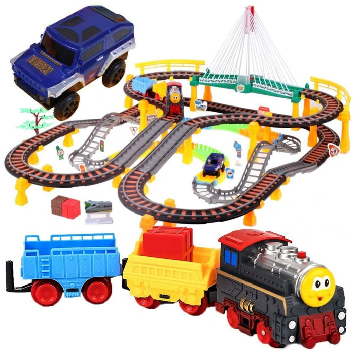 Circuit 2 în 1 XXL 140 piese, 86x74 cm, cu tren electric, mașinuță și pod luminos, multicolor