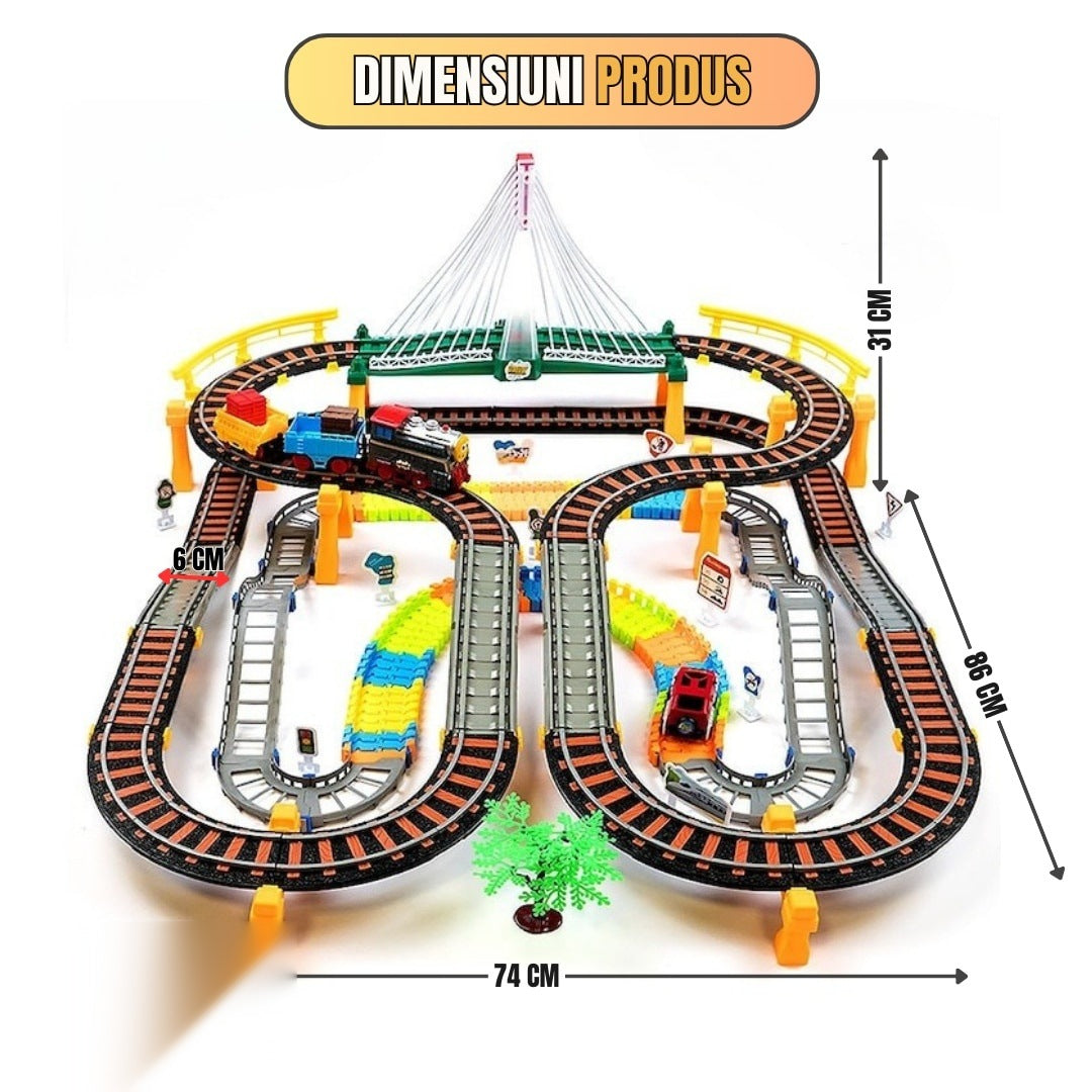 Circuit 2 în 1 XXL 140 piese, 86x74 cm, cu tren electric, mașinuță și pod luminos, multicolor