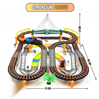 Circuit 2 în 1 XXL 140 piese, 86x74 cm, cu tren electric, mașinuță și pod luminos, multicolor