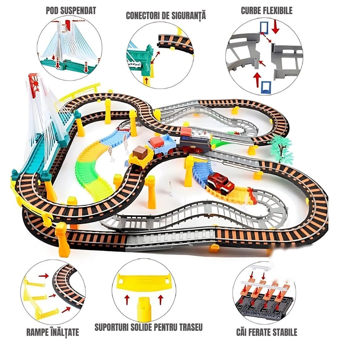 Circuit 2 în 1 XXL 140 piese, 86x74 cm, cu tren electric, mașinuță și pod luminos, multicolor