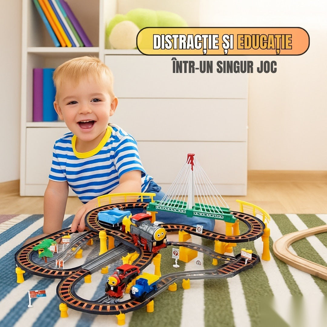 Circuit 2 în 1 XXL 140 piese, 86x74 cm, cu tren electric, mașinuță și pod luminos, multicolor