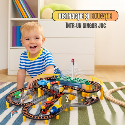 Circuit 2 în 1 XXL 140 piese, 86x74 cm, cu tren electric, mașinuță și pod luminos, multicolor