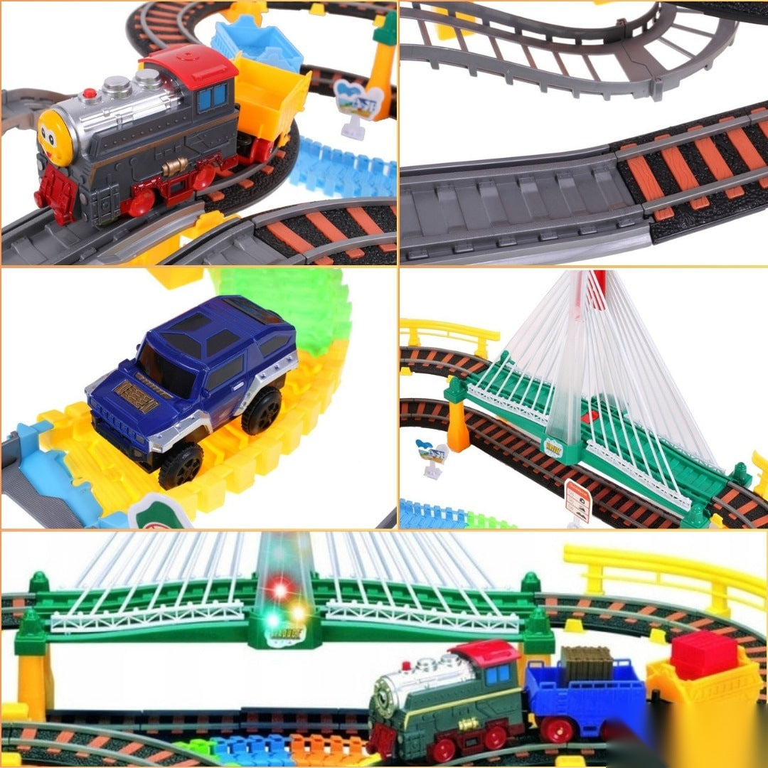 Circuit 2 în 1 XXL 140 piese, 86x74 cm, cu tren electric, mașinuță și pod luminos, multicolor