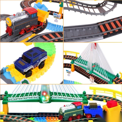 Circuit 2 în 1 XXL 140 piese, 86x74 cm, cu tren electric, mașinuță și pod luminos, multicolor