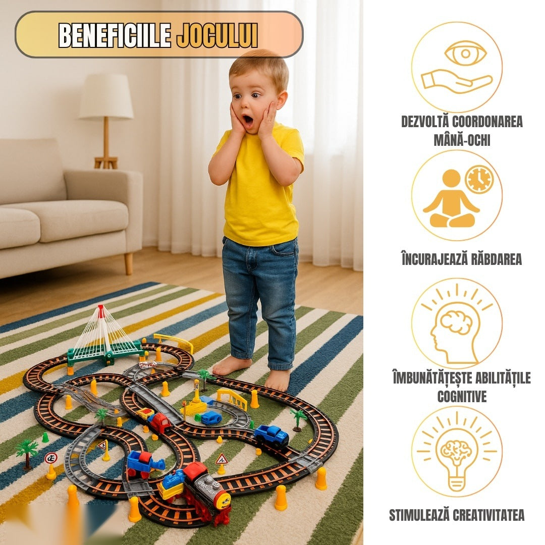 Circuit 2 în 1 XXL 140 piese, 86x74 cm, cu tren electric, mașinuță și pod luminos, multicolor