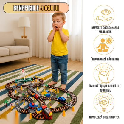 Circuit 2 în 1 XXL 140 piese, 86x74 cm, cu tren electric, mașinuță și pod luminos, multicolor