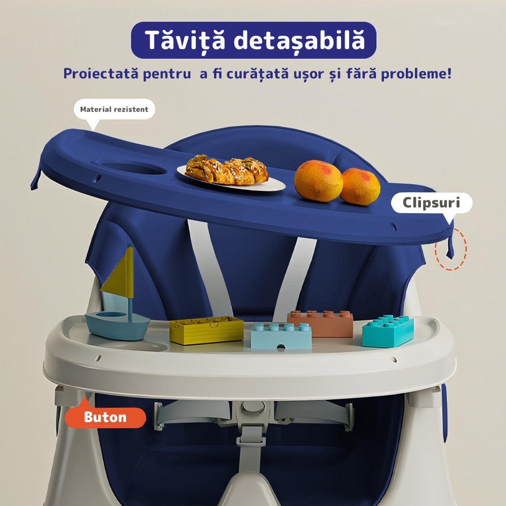 Scaun de masă 3 în 1 pentru bebeluși, cărucior și birou, cu centură de siguranță