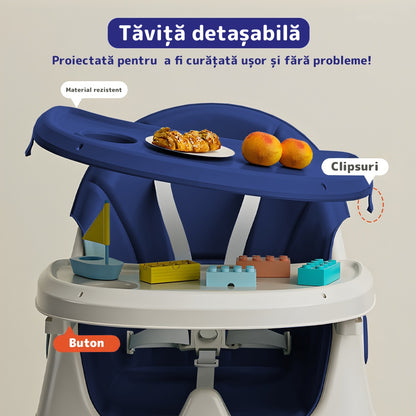 Scaun de masă 3 în 1 pentru bebeluși, cărucior și birou, cu centură de siguranță