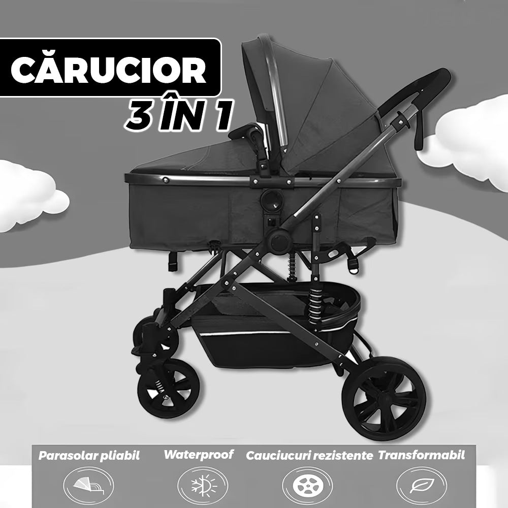 Cărucior 3 în 1 transformabil, sport și clasic, pliabil, negru
