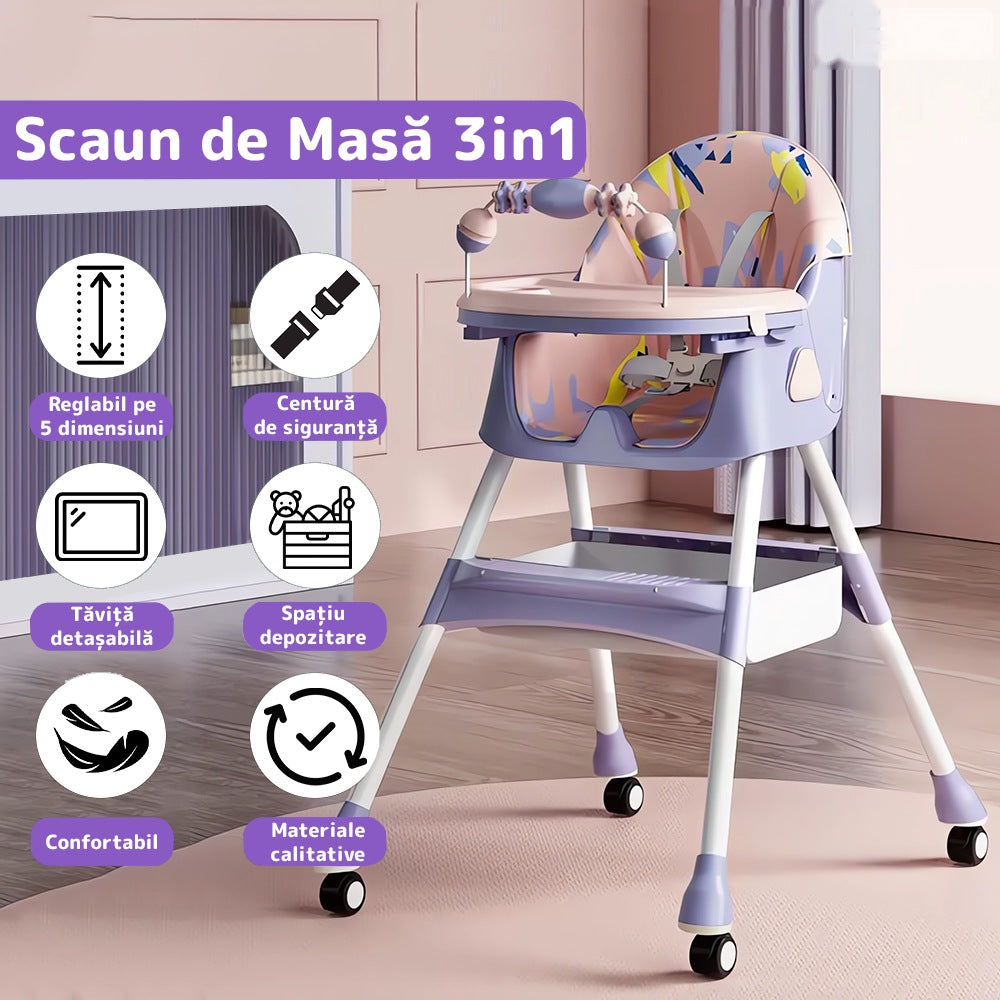Scaun de masă 3 în 1 pentru bebeluși, cărucior și birou, cu centură de siguranță