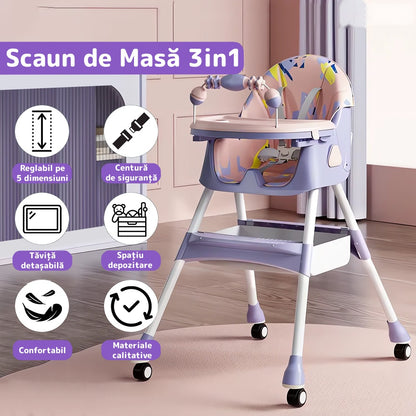 Scaun de masă 3 în 1 pentru bebeluși, cărucior și birou, cu centură de siguranță
