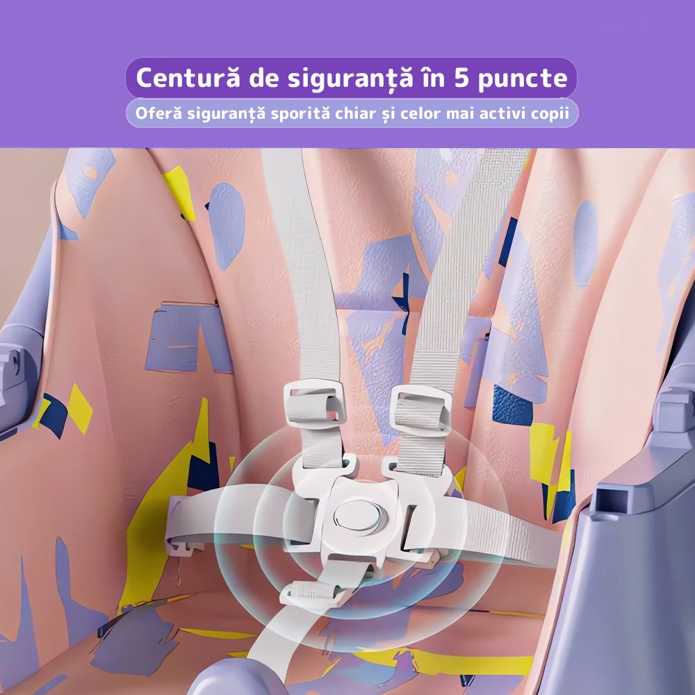 Scaun de masă 3 în 1 pentru bebeluși, cărucior și birou, cu centură de siguranță