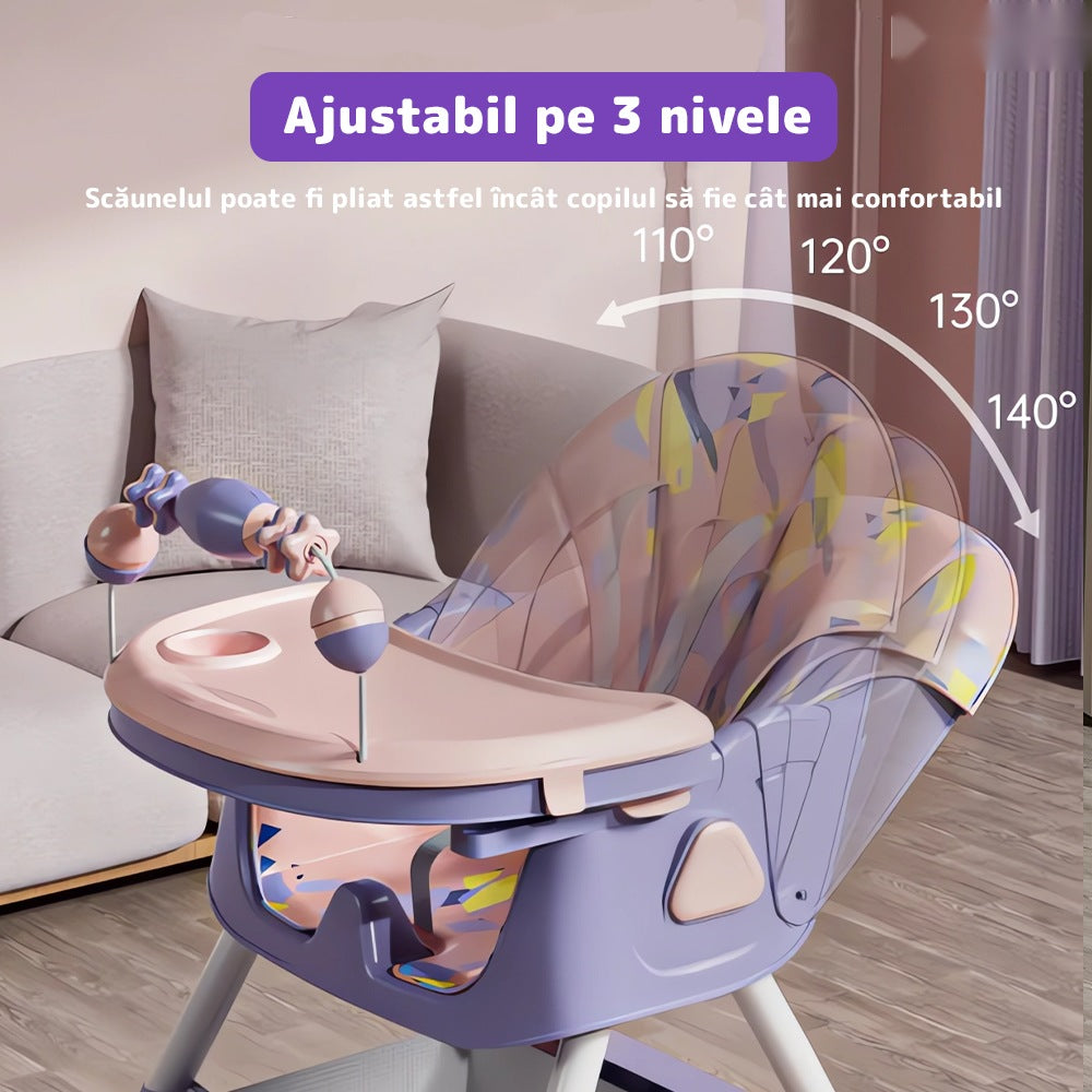 Scaun de masă 3 în 1 pentru bebeluși, cărucior și birou, cu centură de siguranță