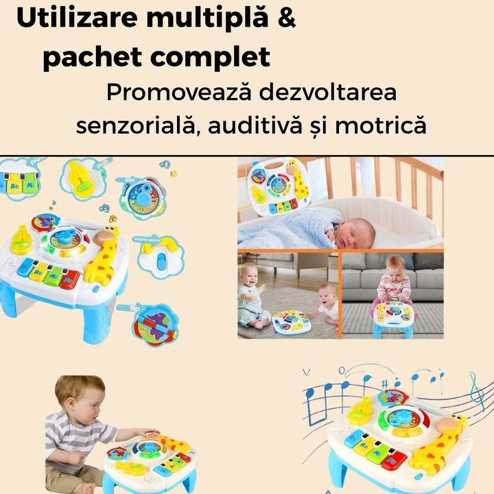 Măsuță activități 2in1 pentru bebeluși, cu muzică, lumini și butoane educative, picioare detașabile