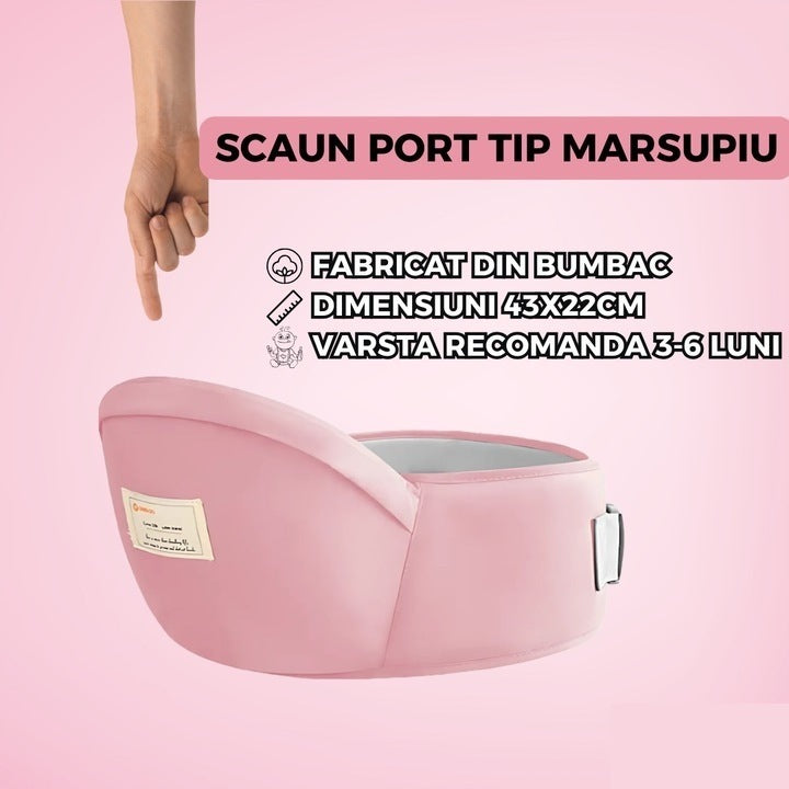 Marsupiu tip cangur cu centură, bumbac premium, padding ergonomic, 43 x 22 cm, roz