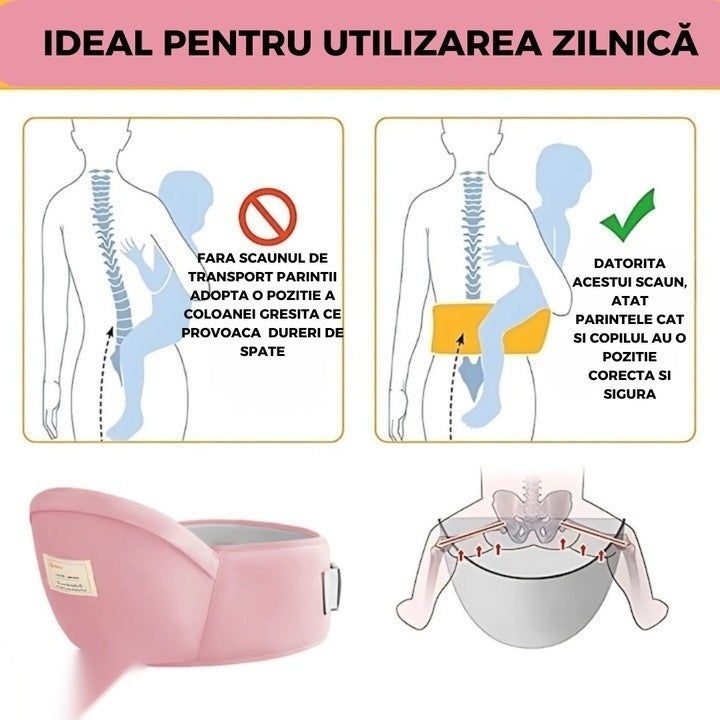 Marsupiu tip cangur cu centură, bumbac premium, padding ergonomic, 43 x 22 cm, roz
