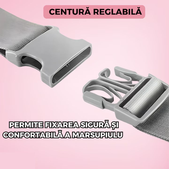 Marsupiu tip cangur cu centură, bumbac premium, padding ergonomic, 43 x 22 cm, roz