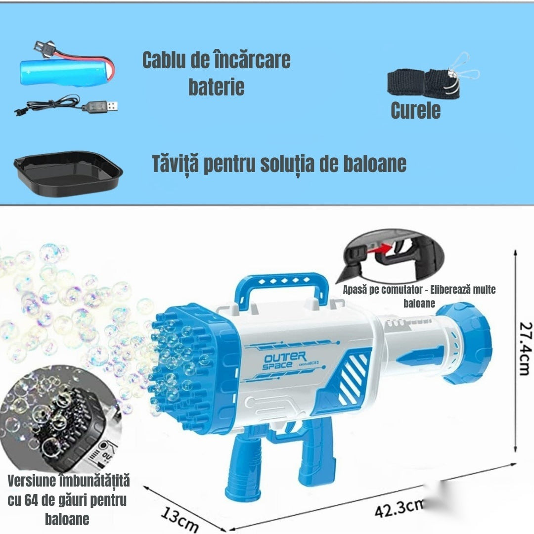 Pistol de baloane de săpun cu 64 de orificii, albastru