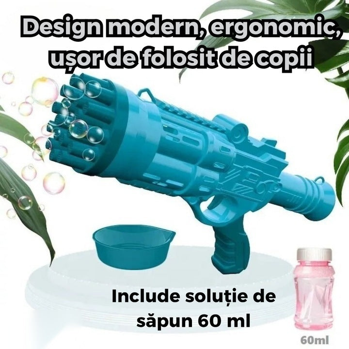 Pistol de baloane de săpun cu 24 orificii, efect turbo, structură ABS, albastru deschis
