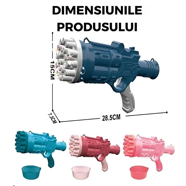 Pistol de baloane de săpun cu 24 orificii, efect turbo, structură ABS, albastru deschis