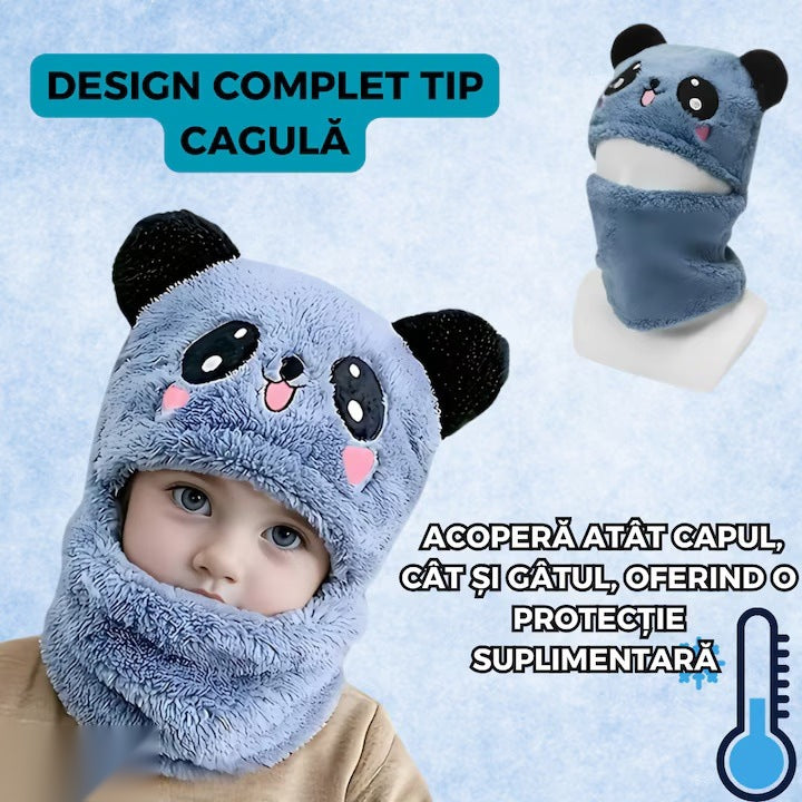 Căciulă balaclava 2 în 1 pentru copii, model urs panda zâmbitor, 1-5 ani, albastru
