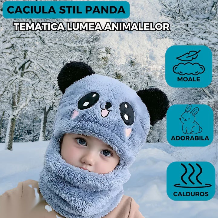 Căciulă balaclava 2 în 1 pentru copii, model urs panda zâmbitor, 1-5 ani, albastru