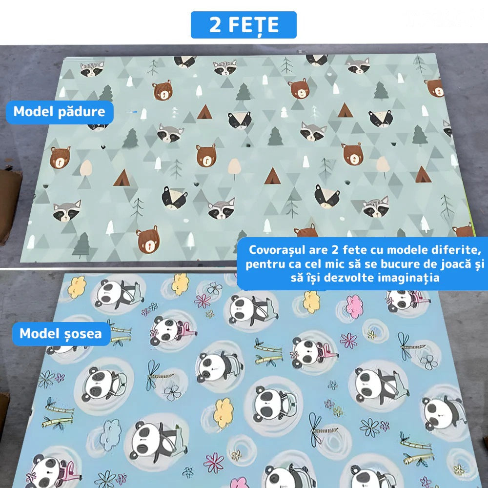 Covoraș de joacă termoterapie 200x180 cm, 2 fete, panda și grizzly, spuma 1 cm