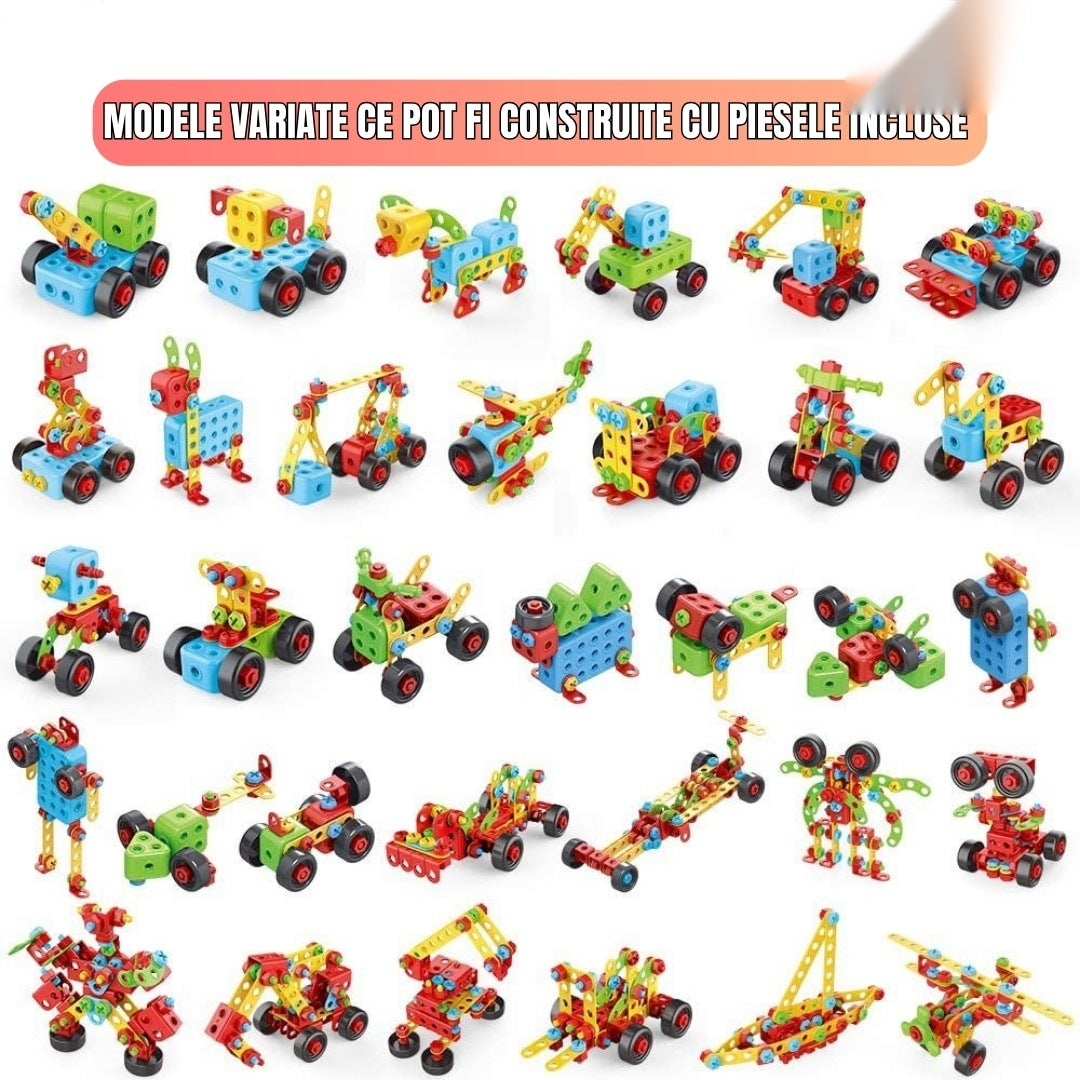 Set educațional de construcție 3D STEM 404 piese, cu șurubelniță electrică, multicolor, 6+ ani