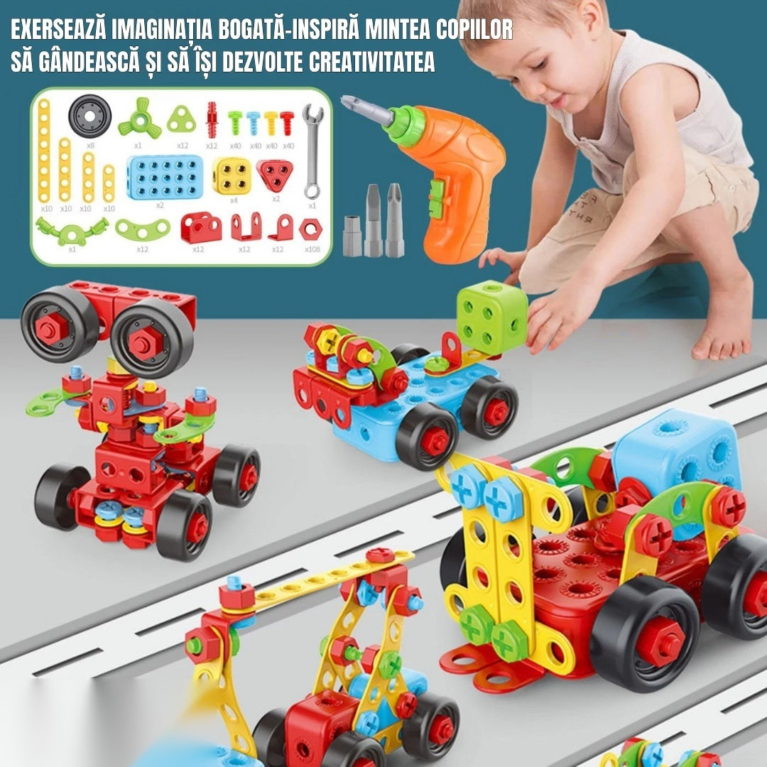 Set educațional de construcție 3D STEM 404 piese, cu șurubelniță electrică, multicolor, 6+ ani