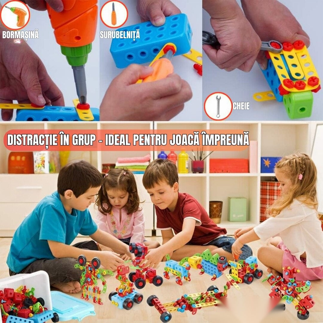 Set educațional de construcție 3D STEM 404 piese, cu șurubelniță electrică, multicolor, 6+ ani