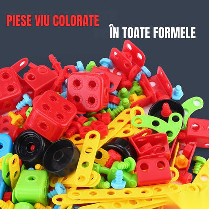 Set educațional de construcție 3D STEM 404 piese, cu șurubelniță electrică, multicolor, 6+ ani