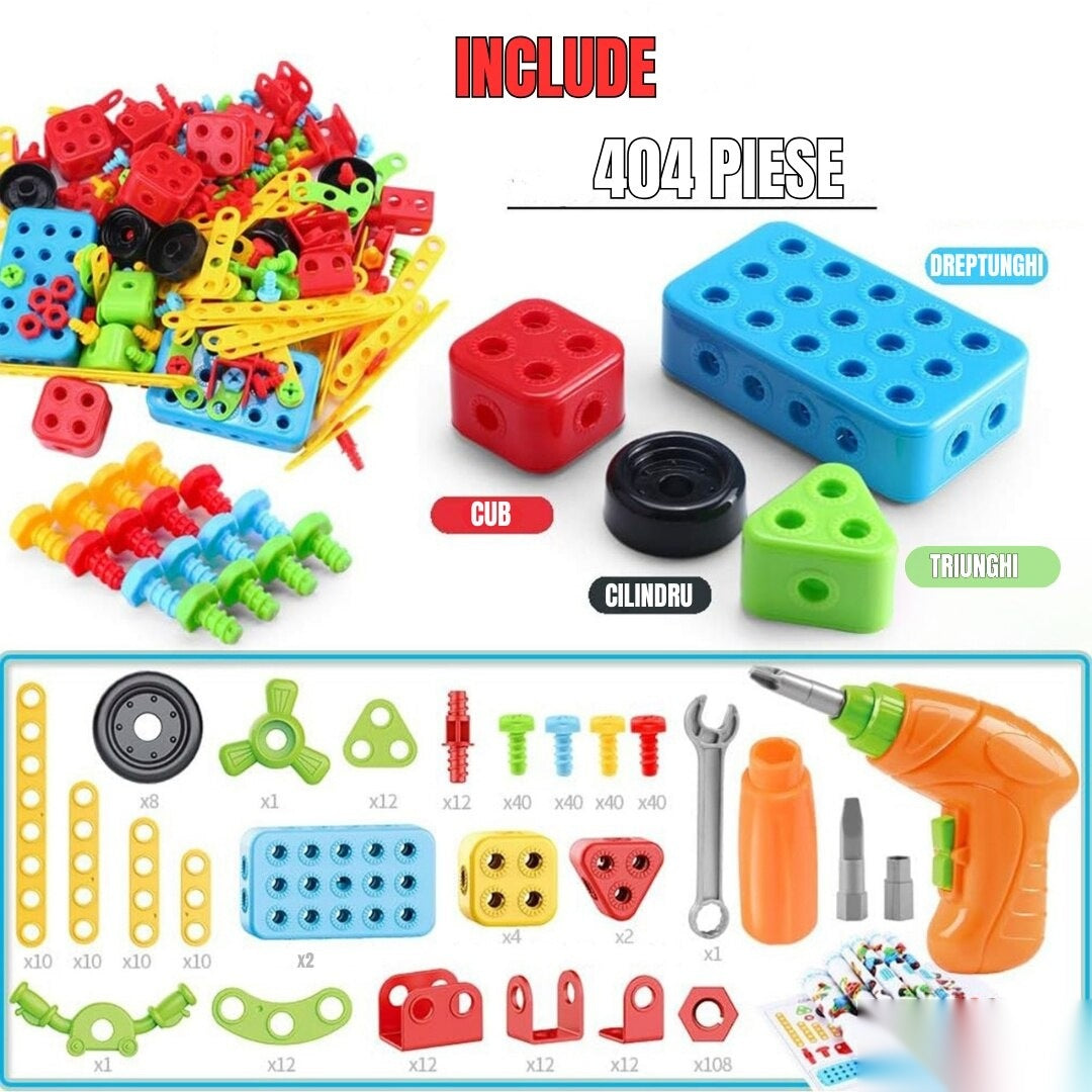 Set educațional de construcție 3D STEM 404 piese, cu șurubelniță electrică, multicolor, 6+ ani
