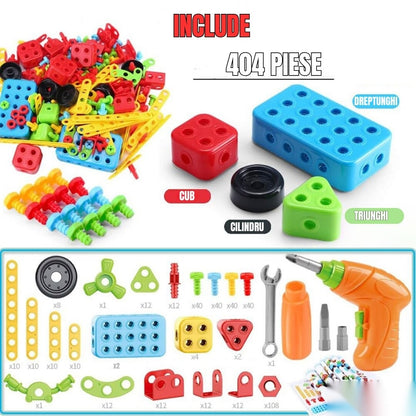 Set educațional de construcție 3D STEM 404 piese, cu șurubelniță electrică, multicolor, 6+ ani