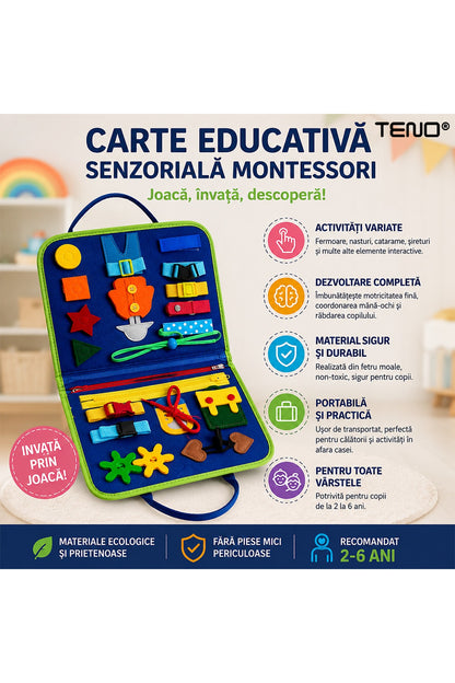 Carte educativa Montessori cu activitati interactive senzoriale, albastru