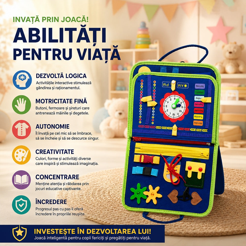 Carte educativa Montessori cu activitati interactive senzoriale, albastru