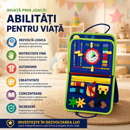 Carte educativa Montessori cu activitati interactive senzoriale, albastru