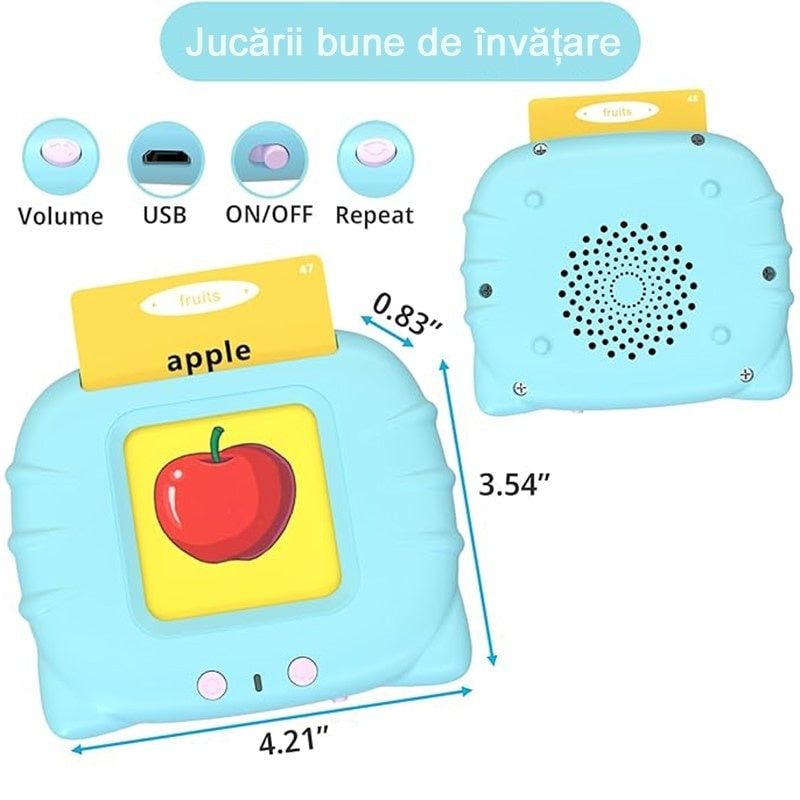 Dispozitiv de învățare Montessori cu cititor flash carduri engleza 112 carduri 224 cuvinte albastru