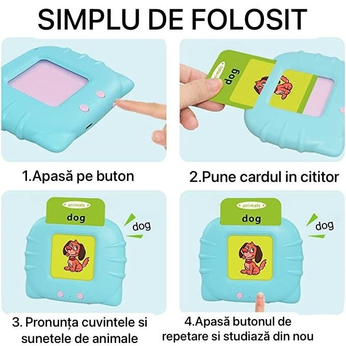 Dispozitiv de învățare Montessori cu cititor flash carduri engleza 112 carduri 224 cuvinte albastru