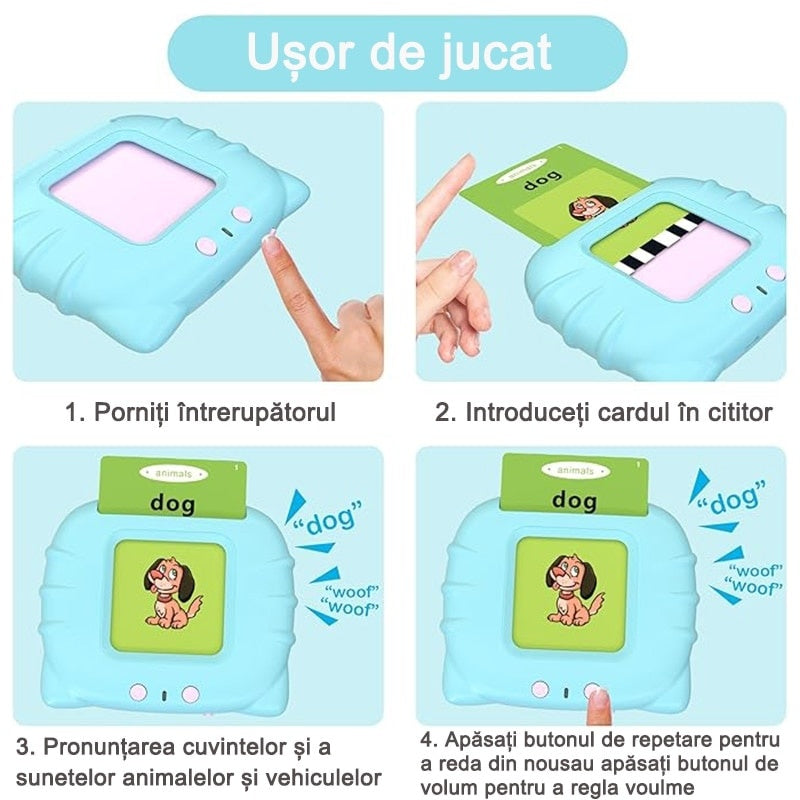 Dispozitiv de învățare Montessori cu cititor flash carduri engleza 112 carduri 224 cuvinte roz